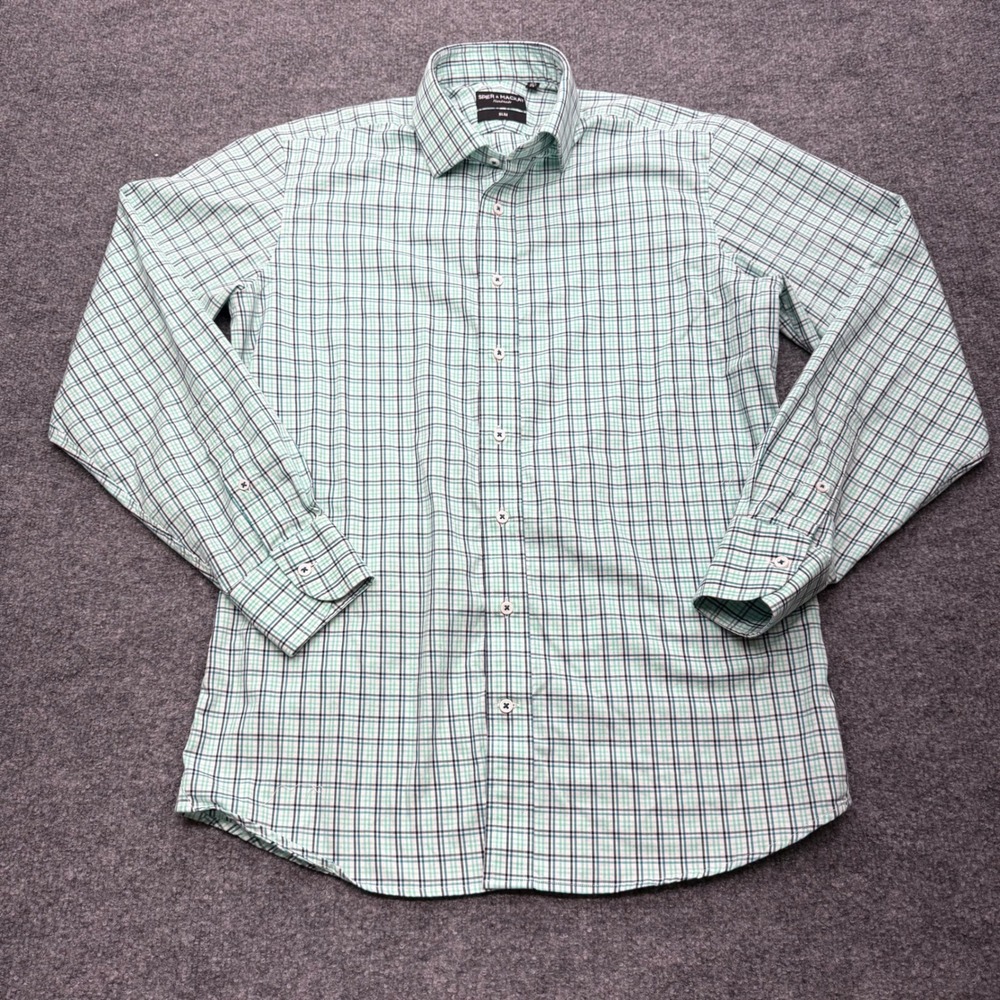 Spier and Mackay Slim Fit Plaid Dress Shirt Mens 15.5 34 Mint Green Navy Blue